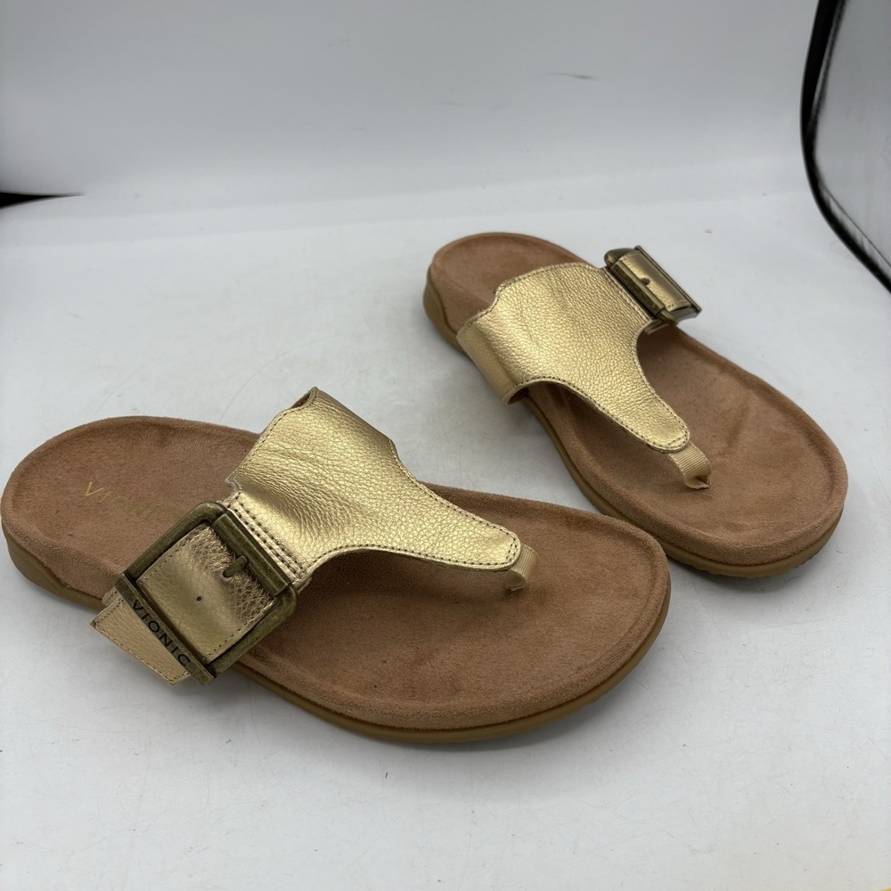 Vionic Sandals Womens Size 7 Wide Emma Thong Gold Leather Slip On Buckle Strap